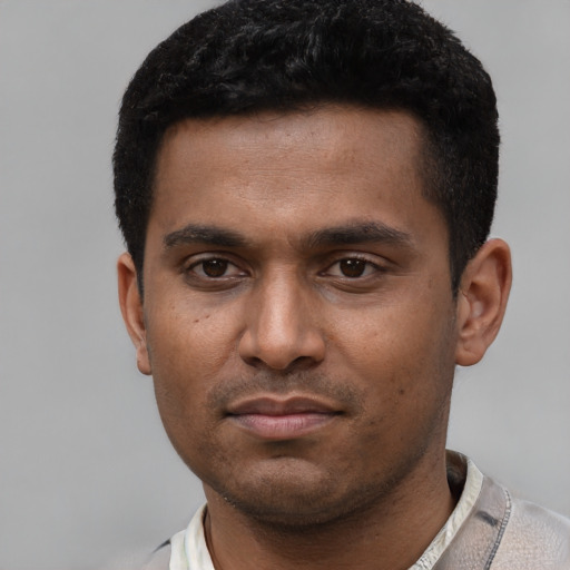 Neutral latino young-adult male with short  black hair and brown eyes