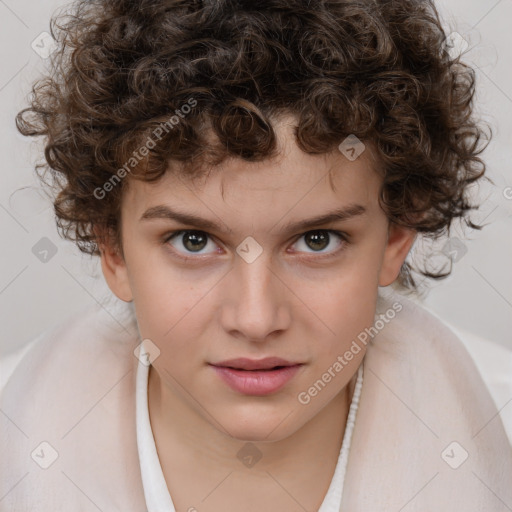 Joyful white child female with medium  brown hair and brown eyes