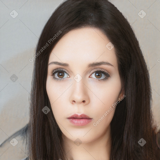 Neutral white young-adult female with long  black hair and brown eyes