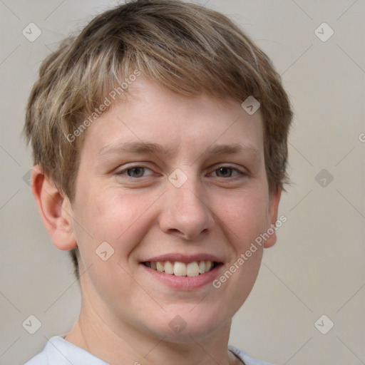 Joyful white young-adult female with short  brown hair and grey eyes