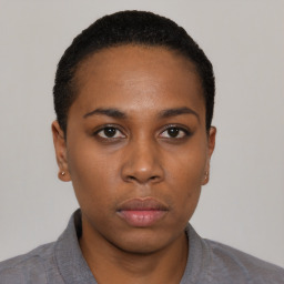 Neutral black young-adult female with short  black hair and brown eyes