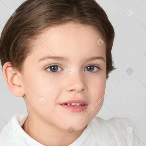 Joyful white child female with short  brown hair and brown eyes