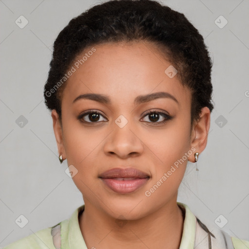 Joyful latino young-adult female with short  brown hair and brown eyes