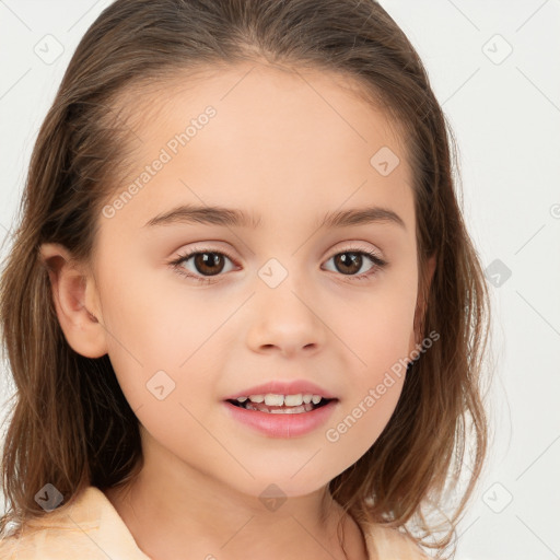 Joyful white child female with medium  brown hair and brown eyes