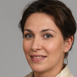 Joyful white adult female with medium  brown hair and brown eyes