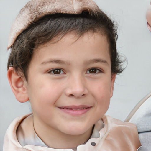 Joyful white child female with short  brown hair and brown eyes