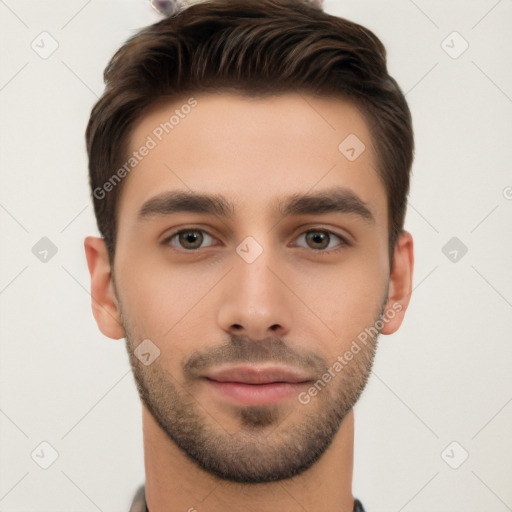 Neutral white young-adult male with short  brown hair and brown eyes