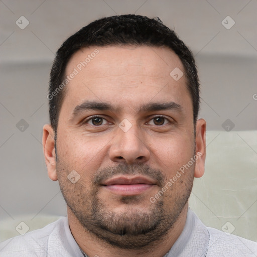 Neutral white adult male with short  brown hair and brown eyes