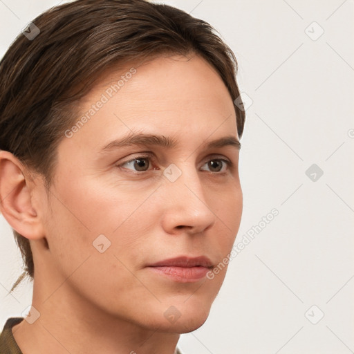 Neutral white young-adult female with short  brown hair and brown eyes