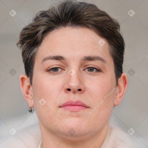 Neutral white adult female with short  brown hair and brown eyes