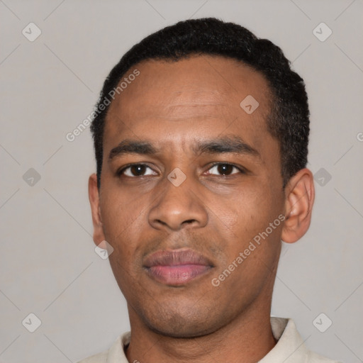 Neutral black young-adult male with short  black hair and brown eyes