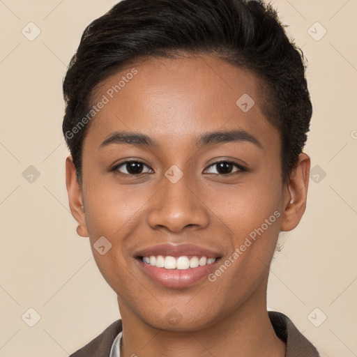 Joyful white young-adult female with short  brown hair and brown eyes