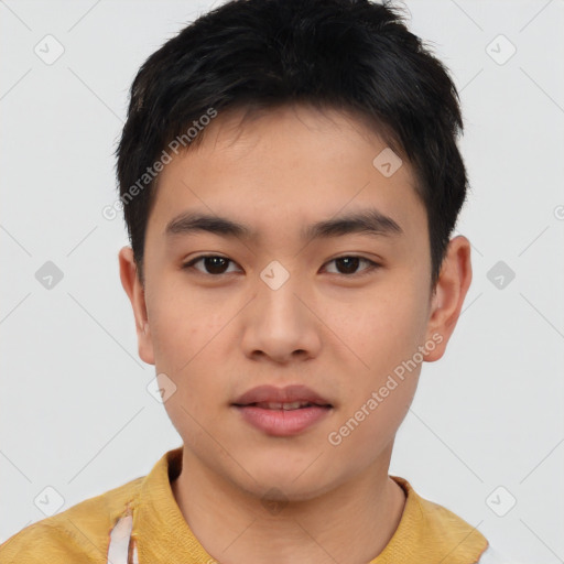 Neutral asian young-adult male with short  brown hair and brown eyes