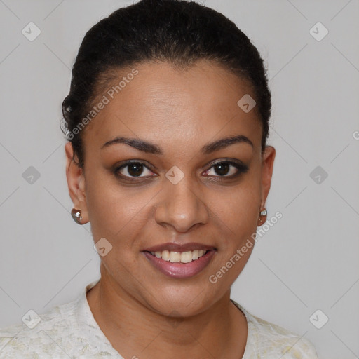Joyful latino young-adult female with short  brown hair and brown eyes