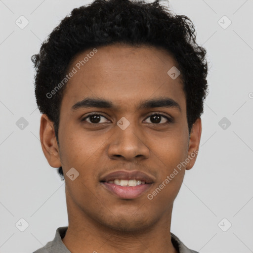 Joyful black young-adult male with short  brown hair and brown eyes