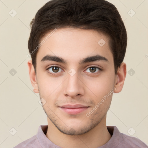 Neutral white young-adult male with short  brown hair and brown eyes