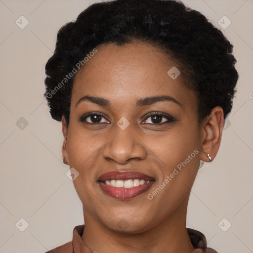 Joyful latino young-adult female with short  black hair and brown eyes