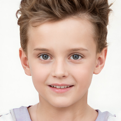 Joyful white child female with short  brown hair and brown eyes