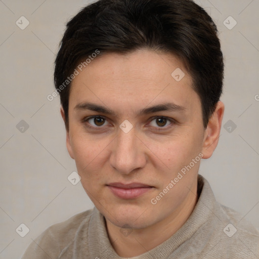 Joyful white young-adult female with short  brown hair and brown eyes