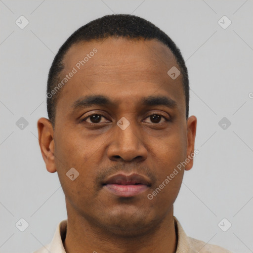 Neutral black young-adult male with short  black hair and brown eyes