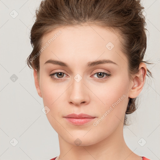 Neutral white young-adult female with medium  brown hair and grey eyes