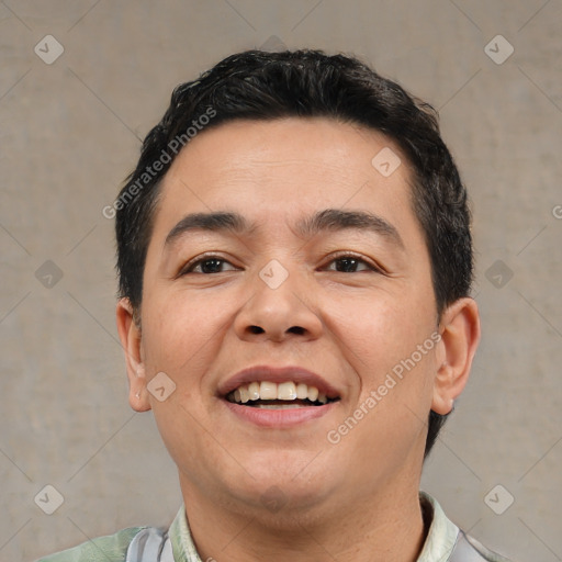 Joyful white young-adult male with short  black hair and brown eyes