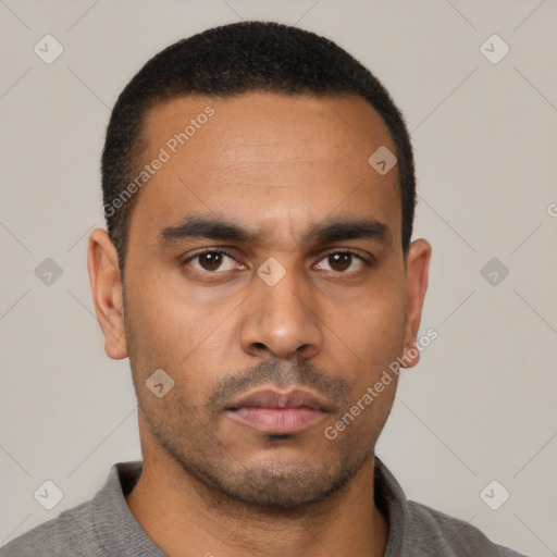 Neutral latino young-adult male with short  black hair and brown eyes