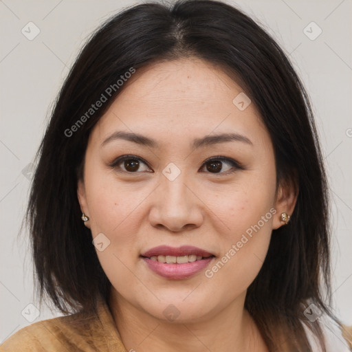 Joyful asian young-adult female with medium  brown hair and brown eyes