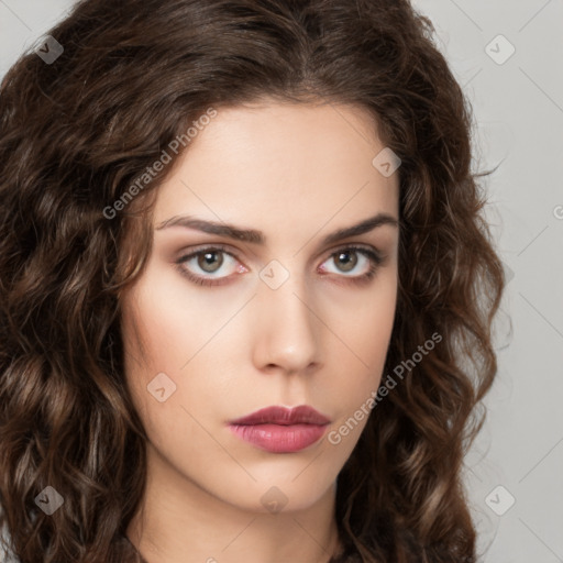 Neutral white young-adult female with long  brown hair and brown eyes