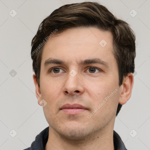 Neutral white young-adult male with short  brown hair and grey eyes