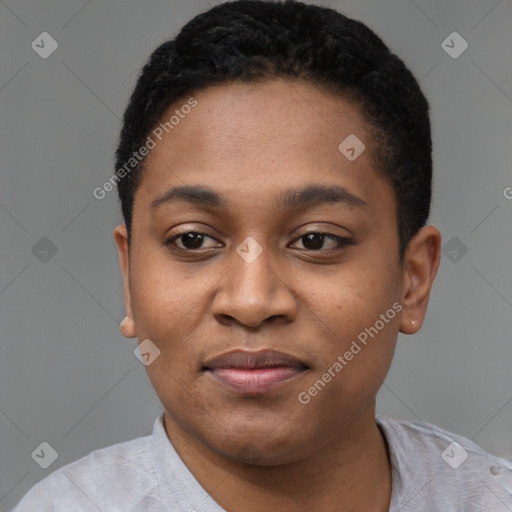 Joyful latino young-adult female with short  black hair and brown eyes