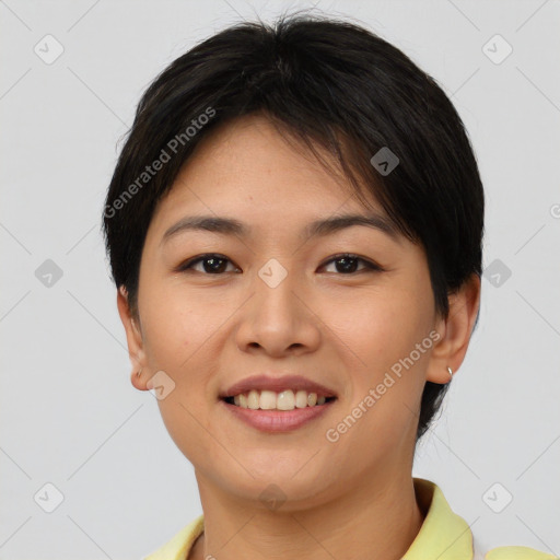 Joyful white young-adult female with short  brown hair and brown eyes