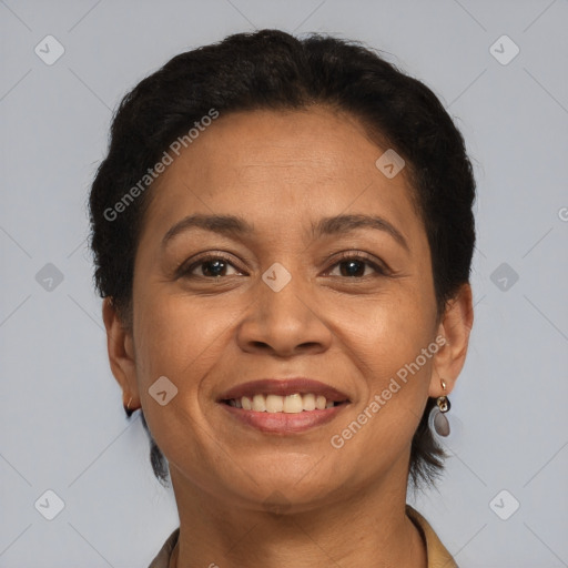 Joyful white adult female with short  brown hair and brown eyes