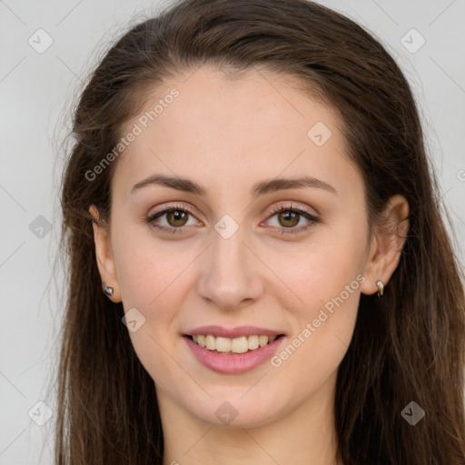 Joyful white young-adult female with long  brown hair and grey eyes