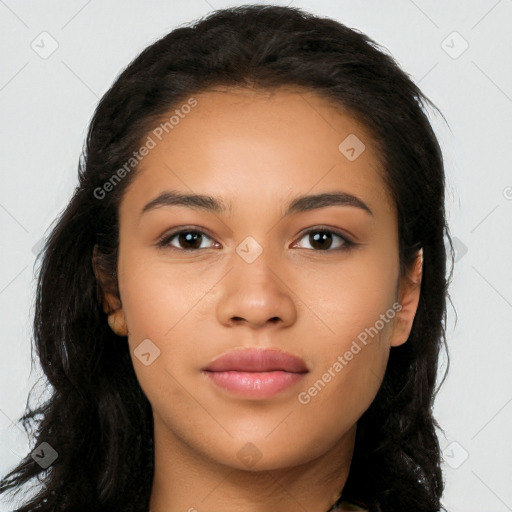 Neutral latino young-adult female with long  black hair and brown eyes