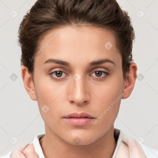 Neutral white young-adult female with short  brown hair and brown eyes