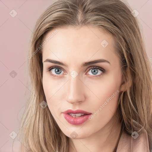 Neutral white young-adult female with long  brown hair and grey eyes