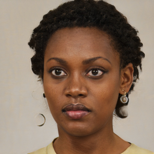 Neutral black young-adult female with short  black hair and brown eyes