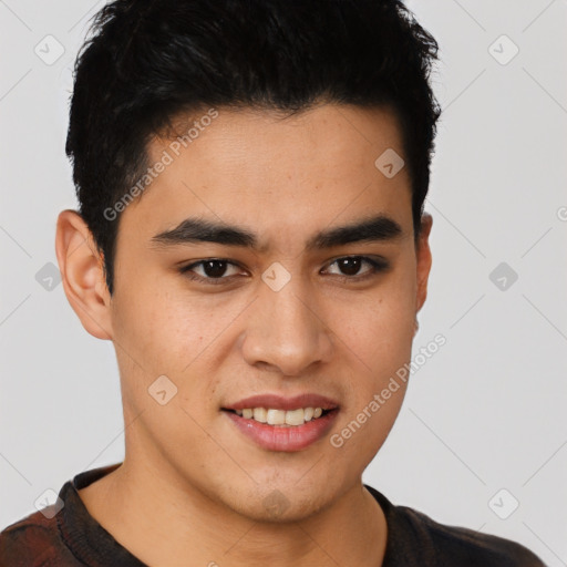 Joyful latino young-adult male with short  black hair and brown eyes