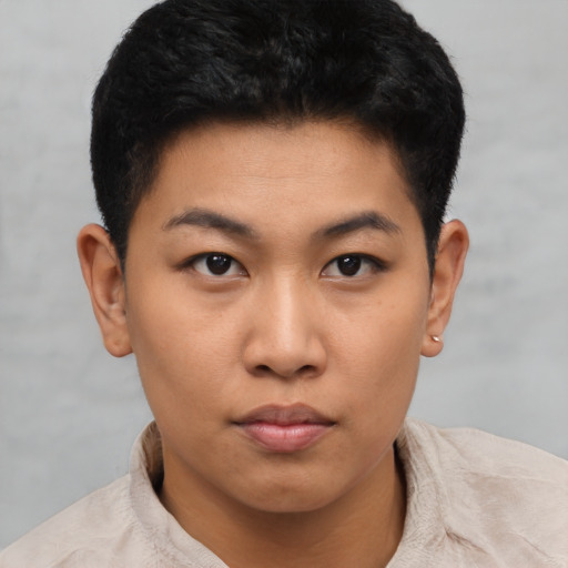 Neutral asian young-adult male with short  black hair and brown eyes