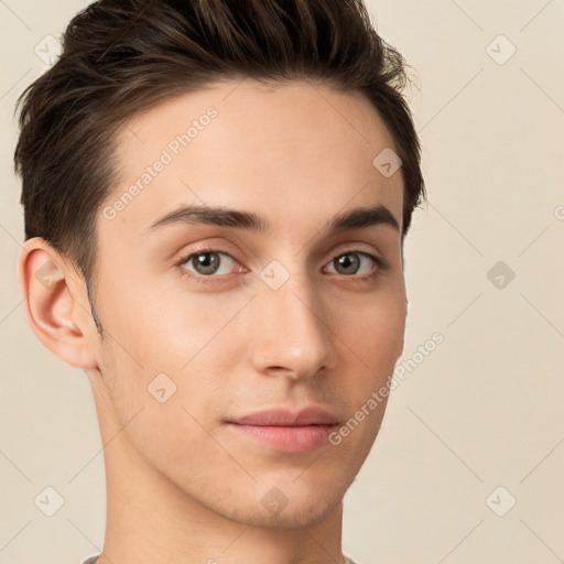 Neutral white young-adult male with short  brown hair and brown eyes