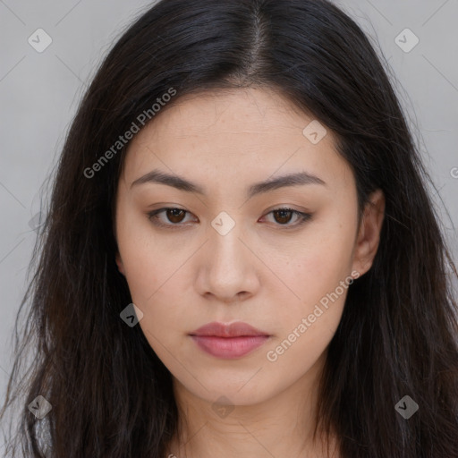 Neutral white young-adult female with long  brown hair and brown eyes