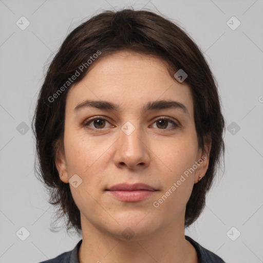 Neutral white young-adult female with medium  brown hair and brown eyes