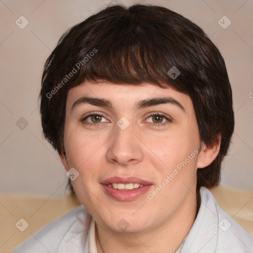 Joyful white young-adult female with medium  brown hair and brown eyes