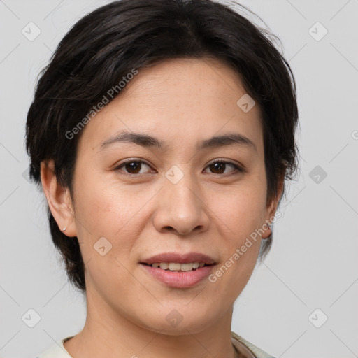 Joyful white young-adult female with medium  brown hair and brown eyes