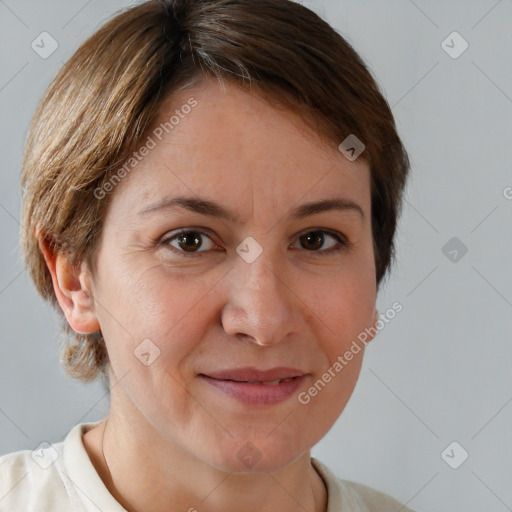 Joyful white adult female with short  brown hair and brown eyes