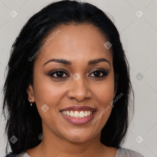 Joyful latino young-adult female with medium  brown hair and brown eyes