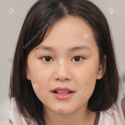 Joyful white child female with medium  brown hair and brown eyes