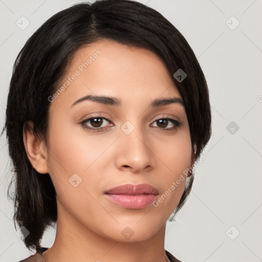 Neutral latino young-adult female with medium  brown hair and brown eyes