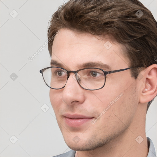 Neutral white adult male with short  brown hair and grey eyes